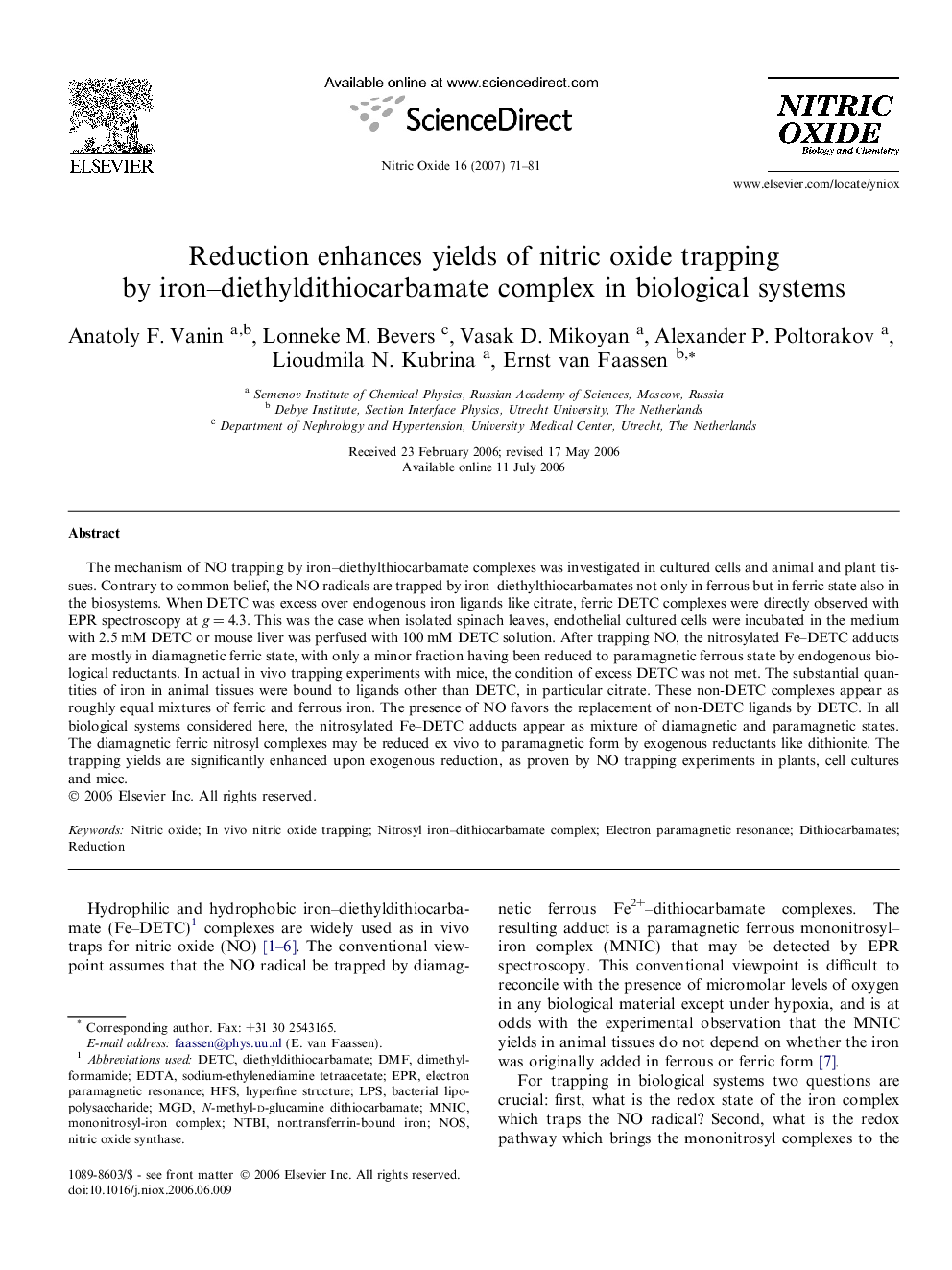 Reduction enhances yields of nitric oxide trapping by iron–diethyldithiocarbamate complex in biological systems