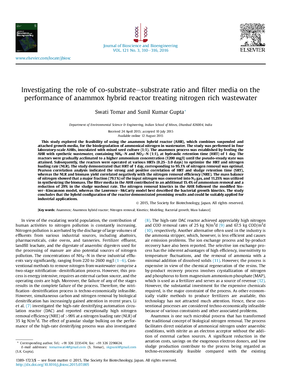 Investigating the role of co-substrate–substrate ratio and filter media on the performance of anammox hybrid reactor treating nitrogen rich wastewater