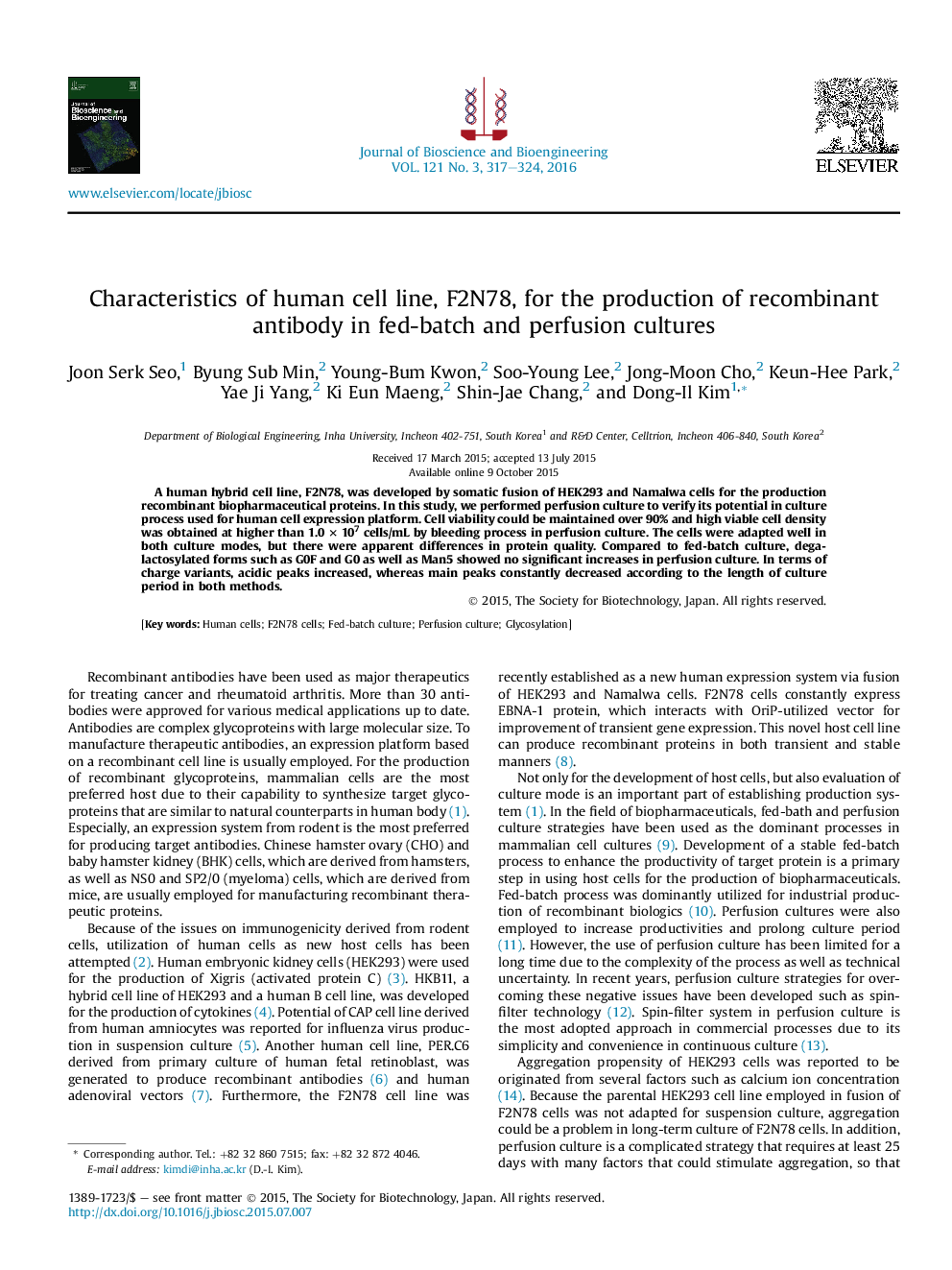 Characteristics of human cell line, F2N78, for the production of recombinant antibody in fed-batch and perfusion cultures