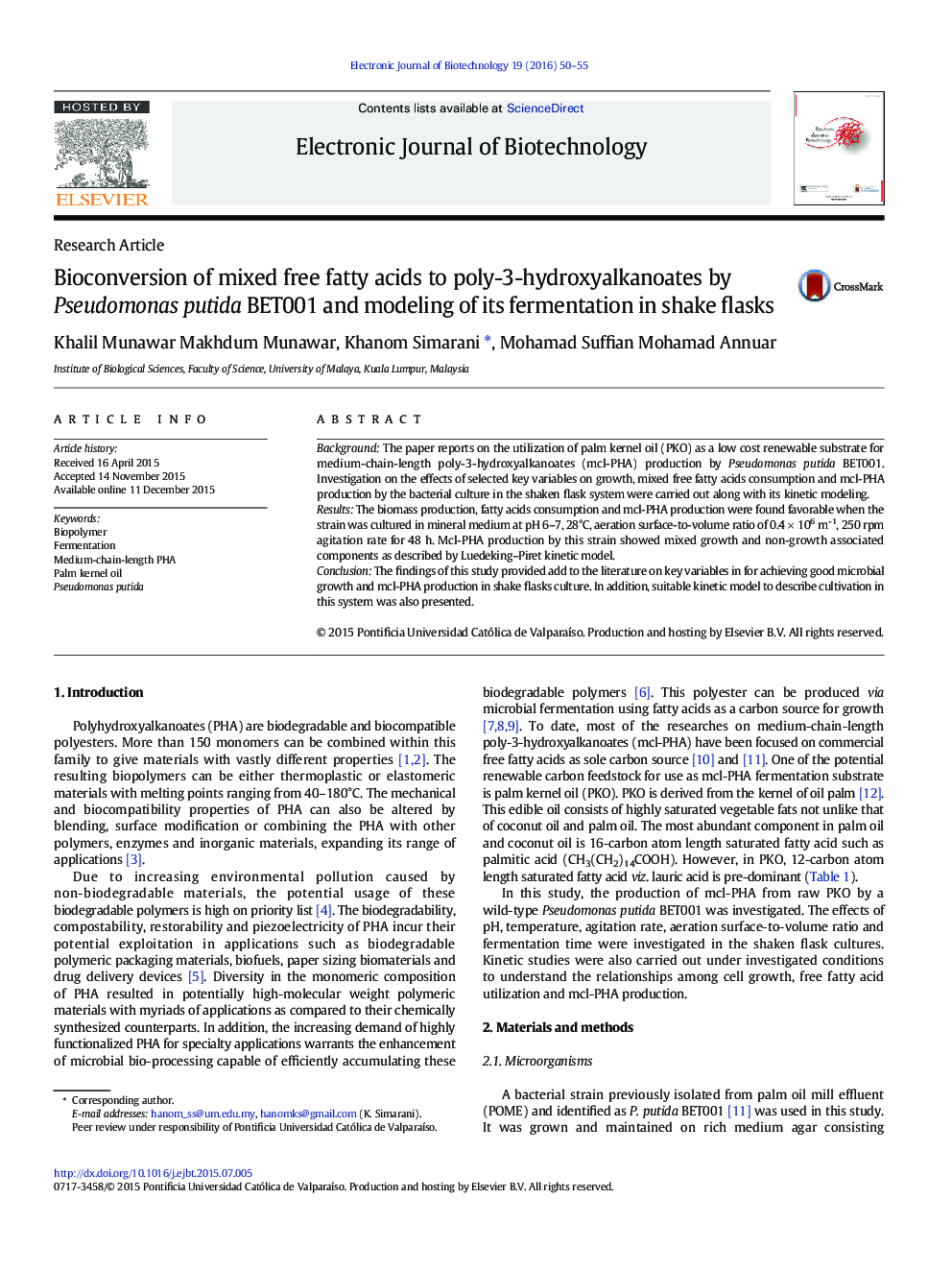 Bioconversion of mixed free fatty acids to poly-3-hydroxyalkanoates by Pseudomonas putida BET001 and modeling of its fermentation in shake flasks 