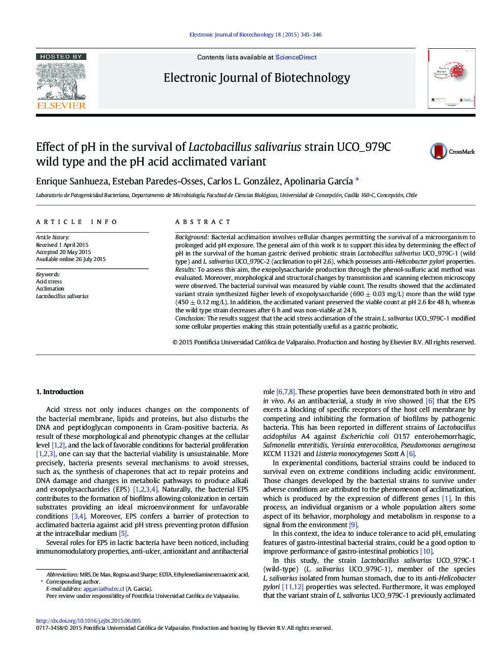 Effect of pH in the survival of Lactobacillus salivarius strain UCO_979C wild type and the pH acid acclimated variant 