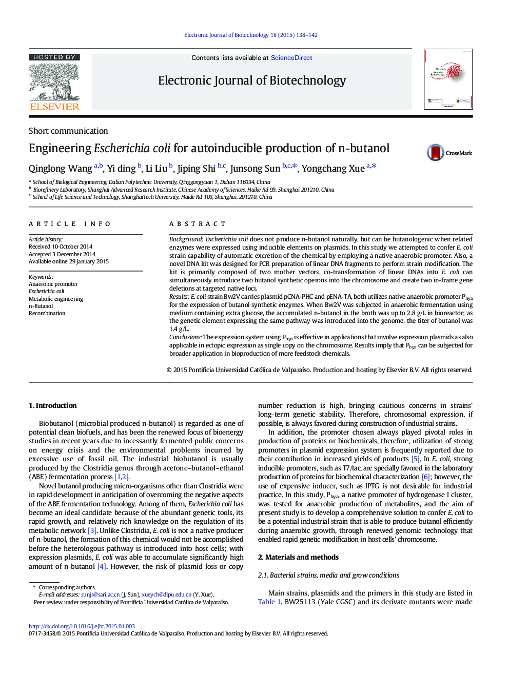 عکس صفحه اول مقاله: Engineering Escherichia coli for autoinducible production of n-butanol Engineering Escherichia coli for autoinducible production of n-butanol