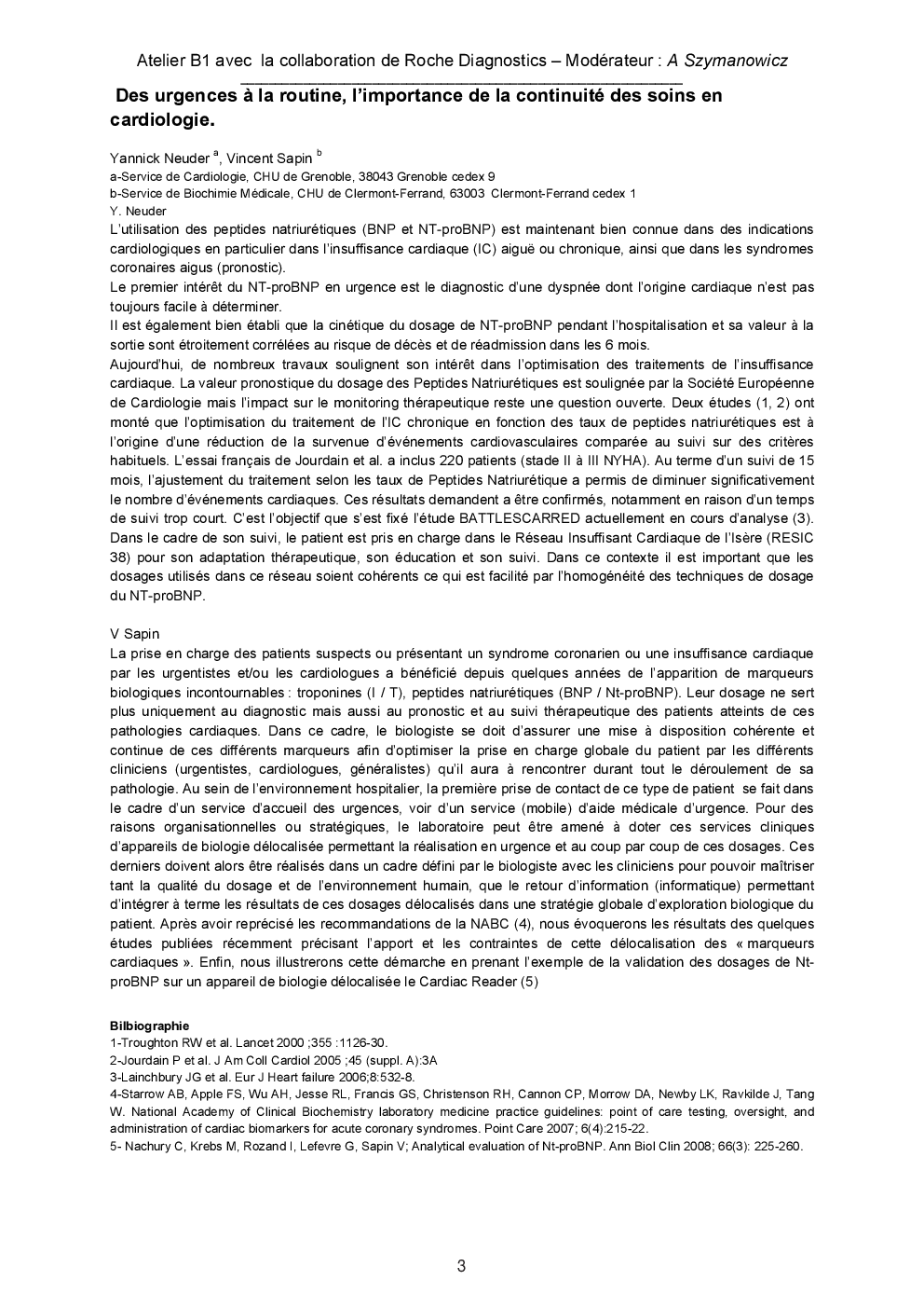 Résumés des ateliers : biologie (hors hématologie et microbiologie)