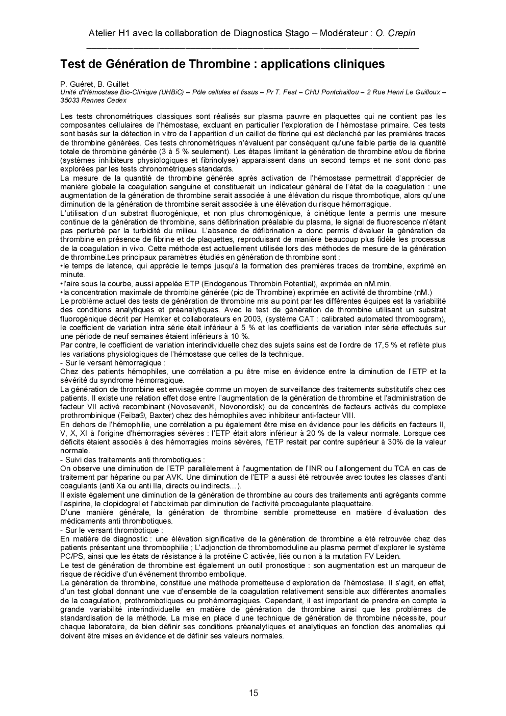 Résumés des ateliers : hématologie