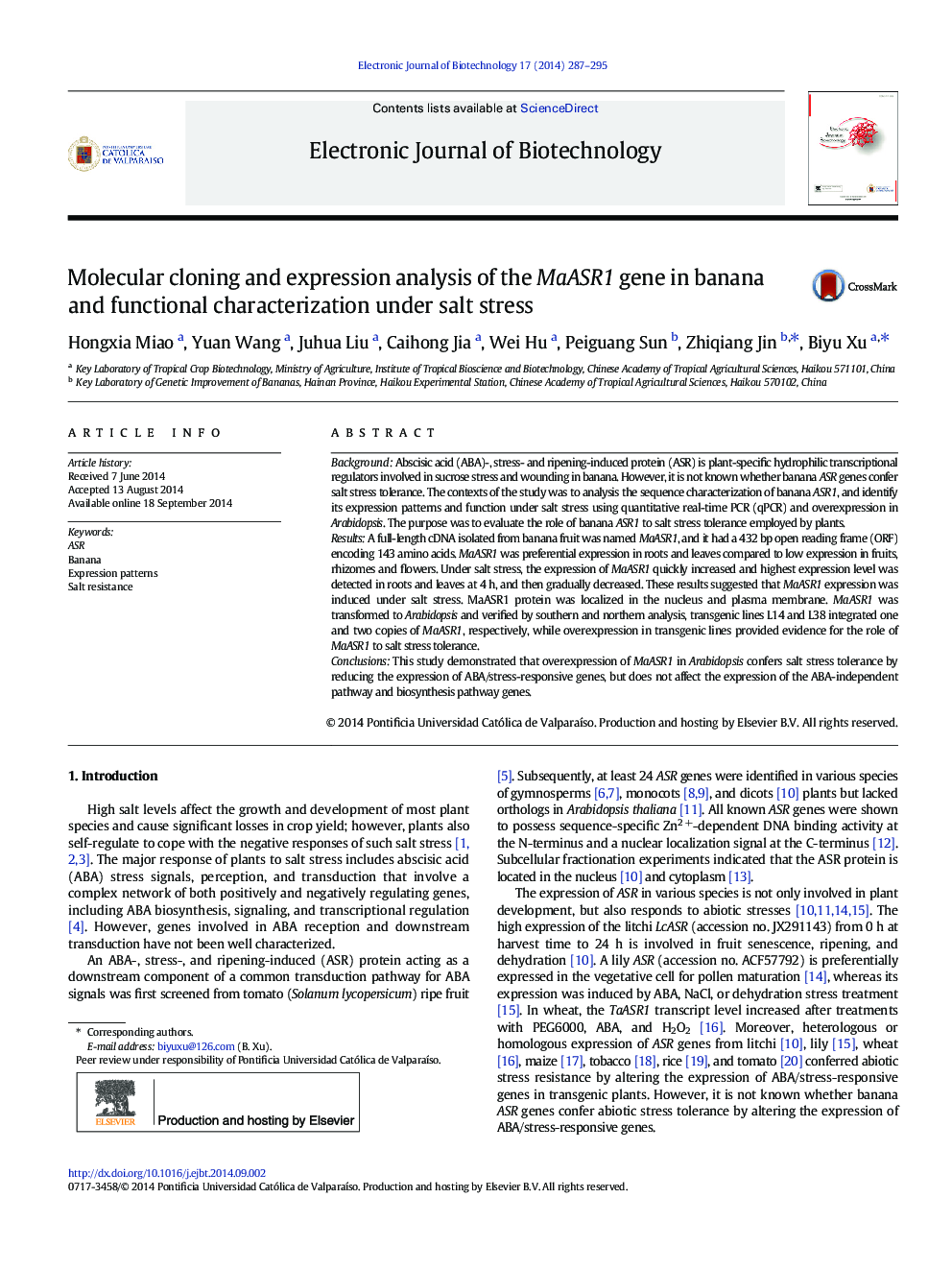 Molecular cloning and expression analysis of the MaASR1 gene in banana and functional characterization under salt stress 