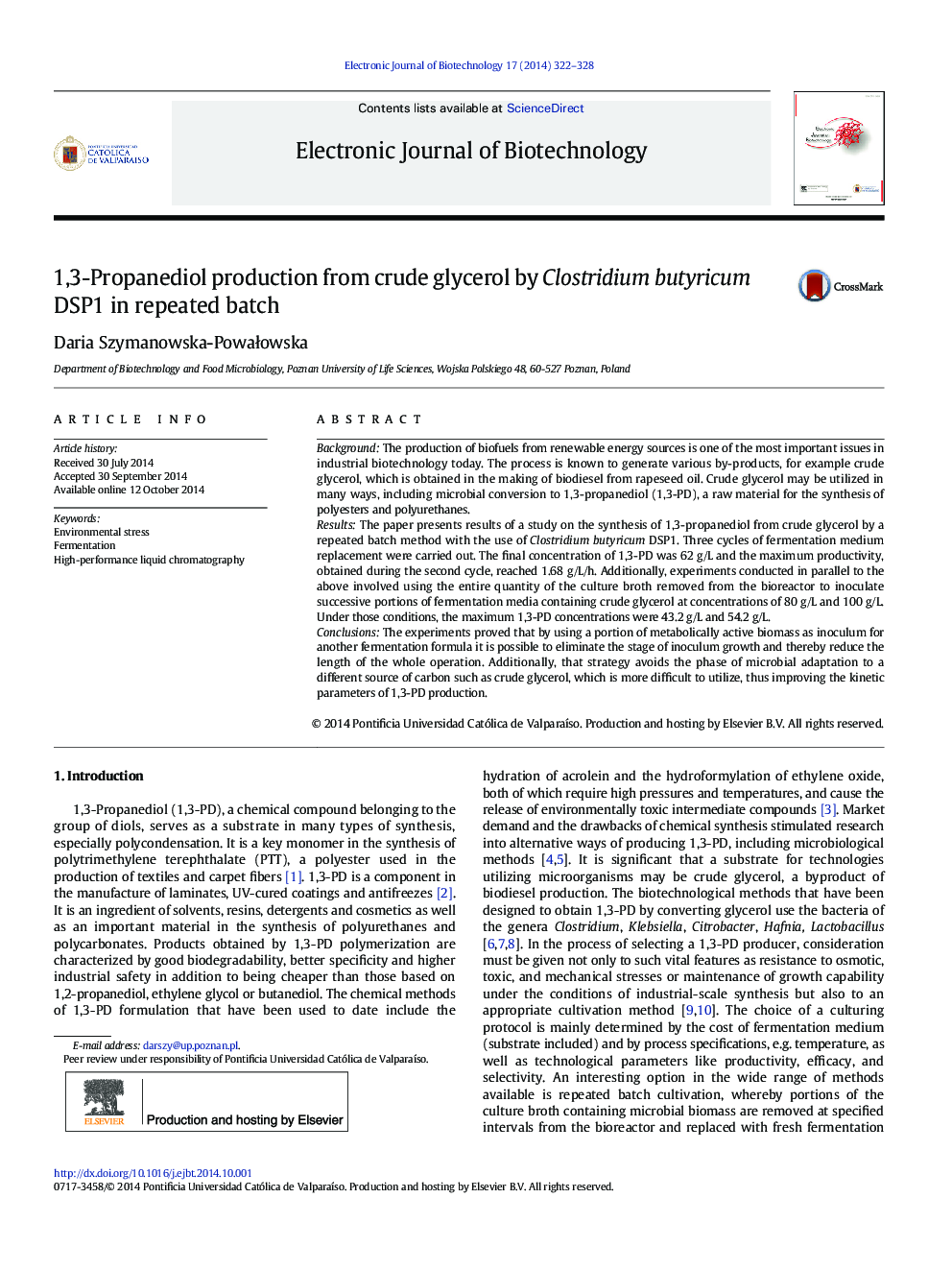 1,3-Propanediol production from crude glycerol by Clostridium butyricum DSP1 in repeated batch 