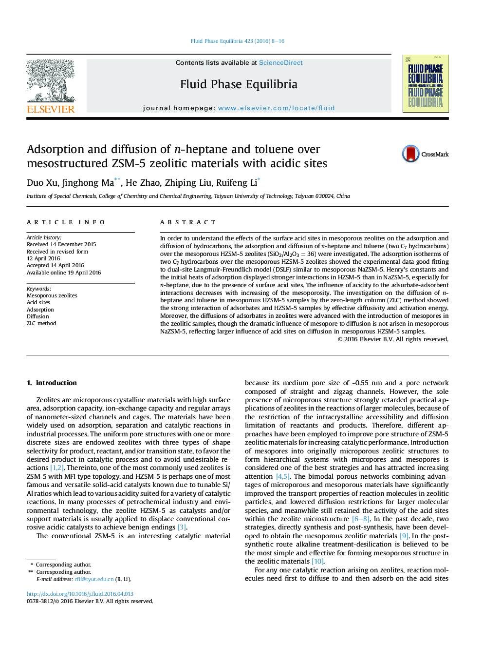 Adsorption and diffusion of n-heptane and toluene over mesostructured ZSM-5 zeolitic materials with acidic sites