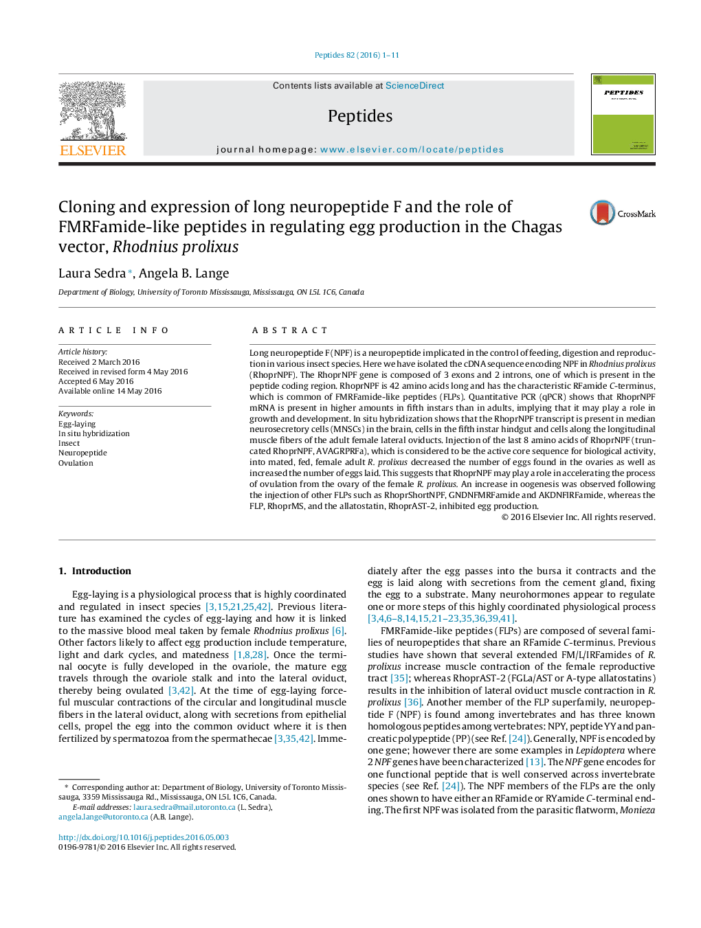 Cloning and expression of long neuropeptide F and the role of FMRFamide-like peptides in regulating egg production in the Chagas vector, Rhodnius prolixus