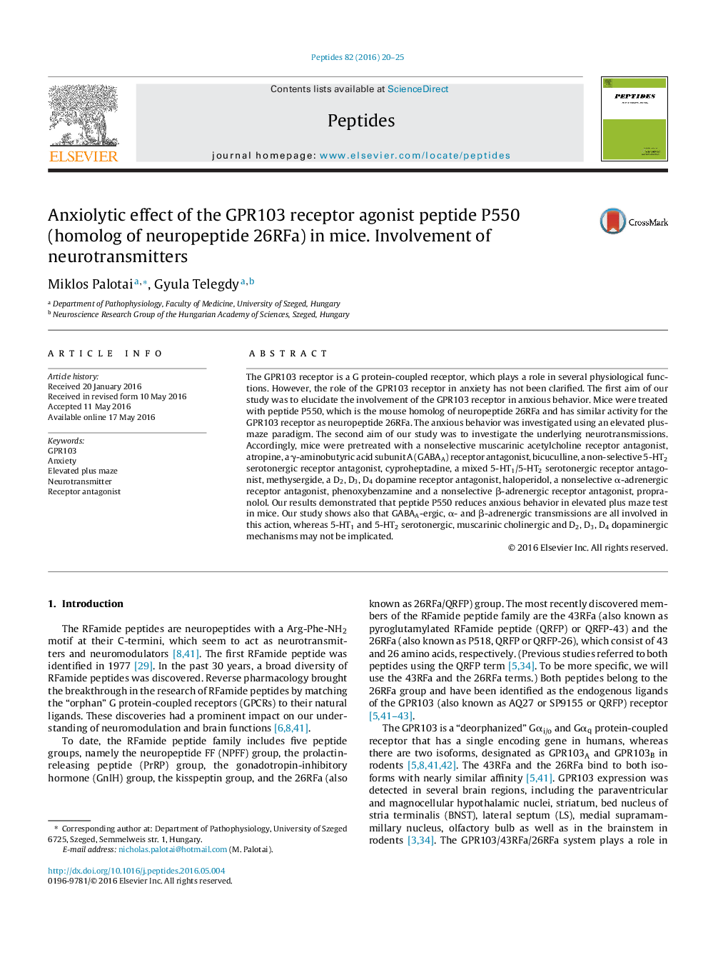 Anxiolytic effect of the GPR103 receptor agonist peptide P550 (homolog of neuropeptide 26RFa) in mice. Involvement of neurotransmitters