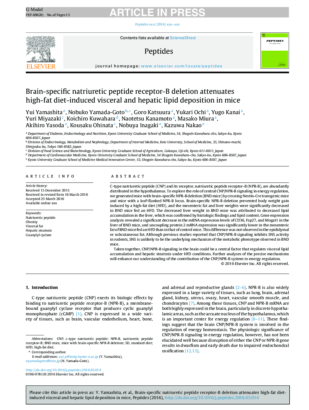 Brain-specific natriuretic peptide receptor-B deletion attenuates high-fat diet-induced visceral and hepatic lipid deposition in mice