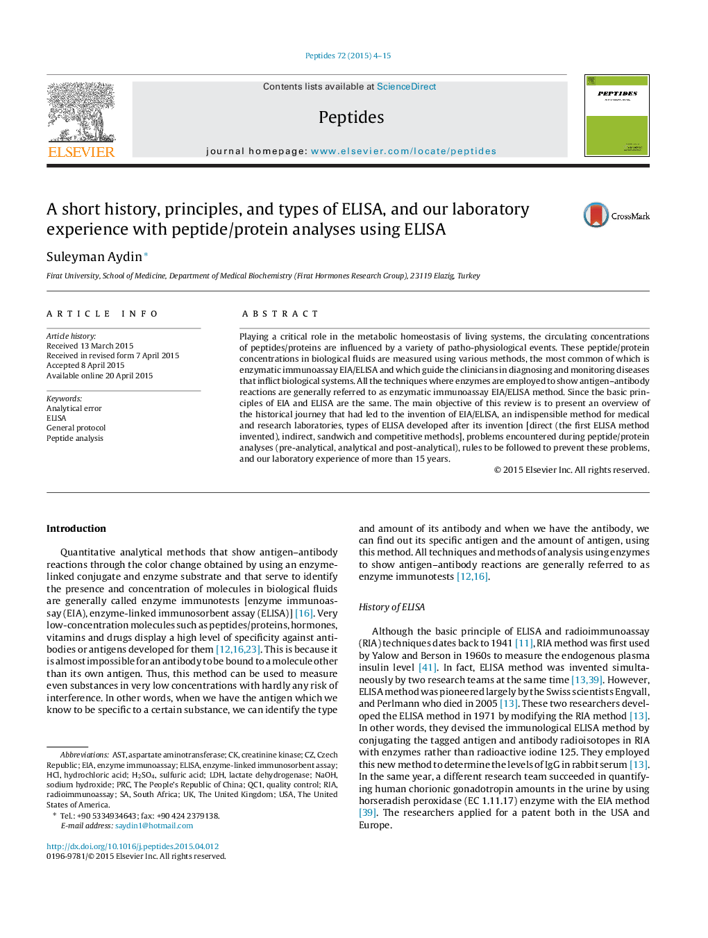 A short history, principles, and types of ELISA, and our laboratory experience with peptide/protein analyses using ELISA