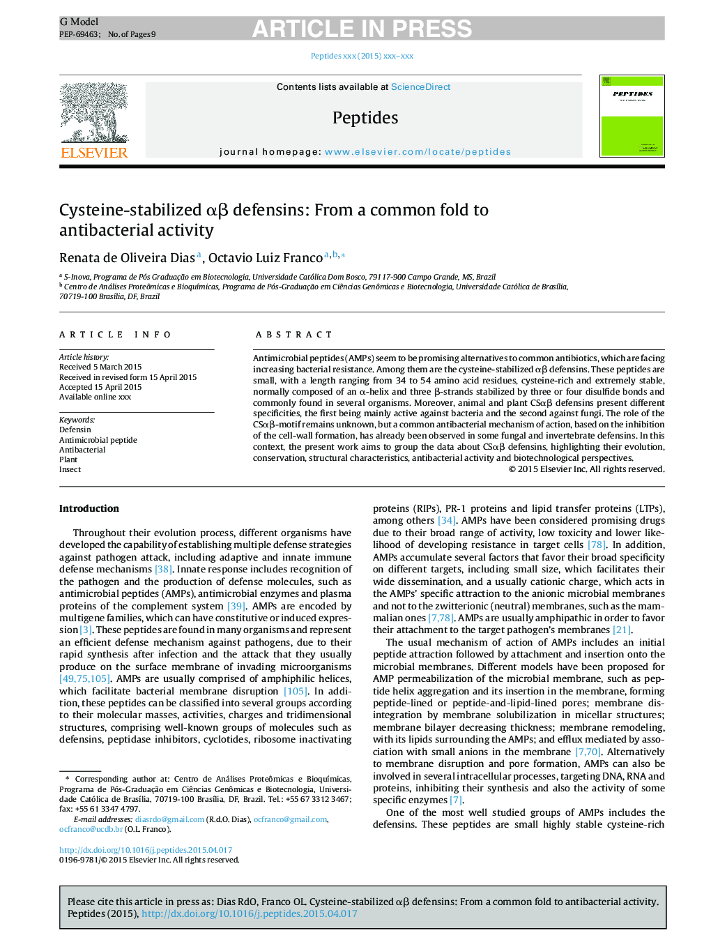 Cysteine-stabilized Î±Î² defensins: From a common fold to antibacterial activity