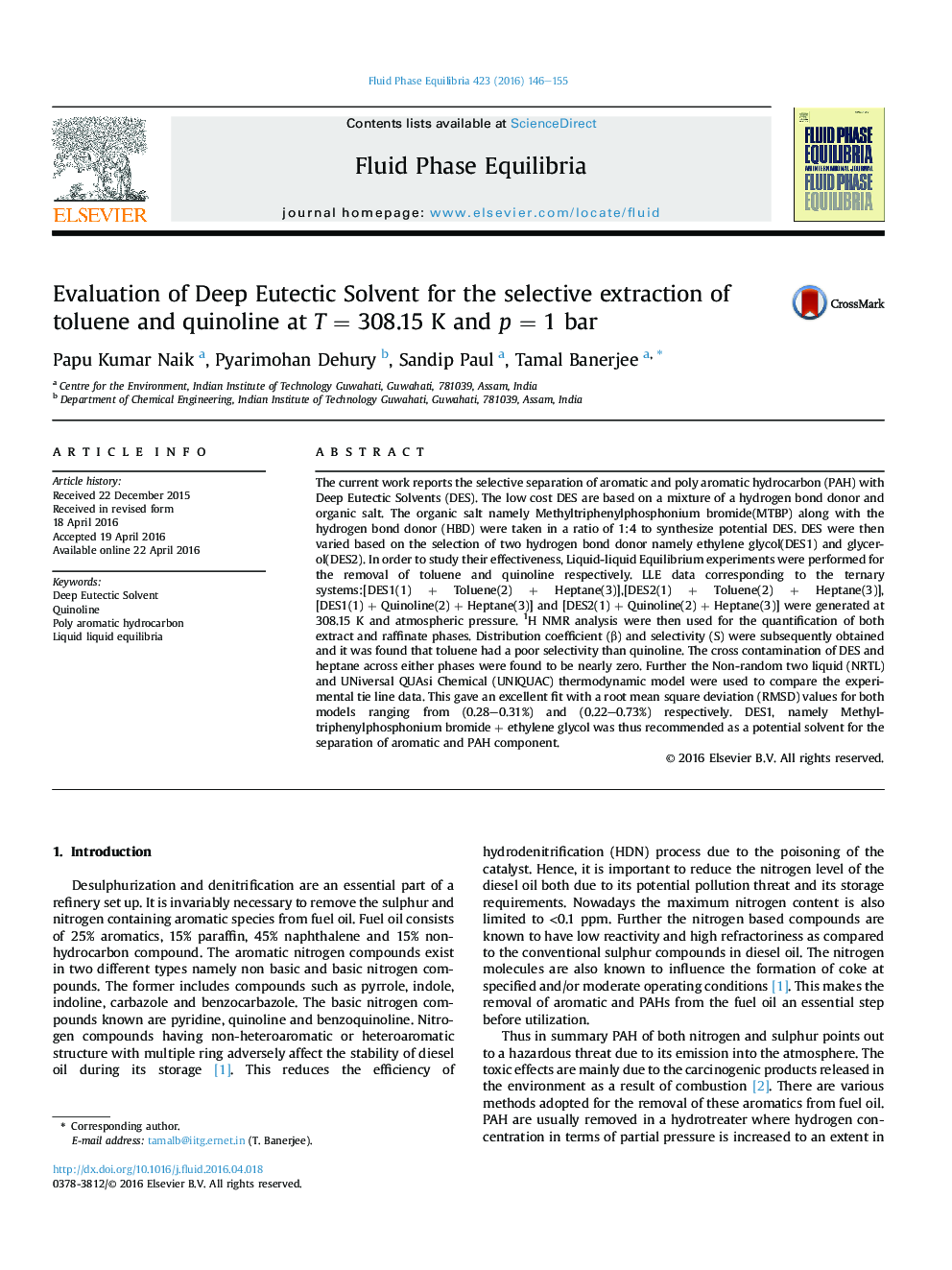 Evaluation of Deep Eutectic Solvent for the selective extraction of toluene and quinoline at T = 308.15 K and p = 1 bar