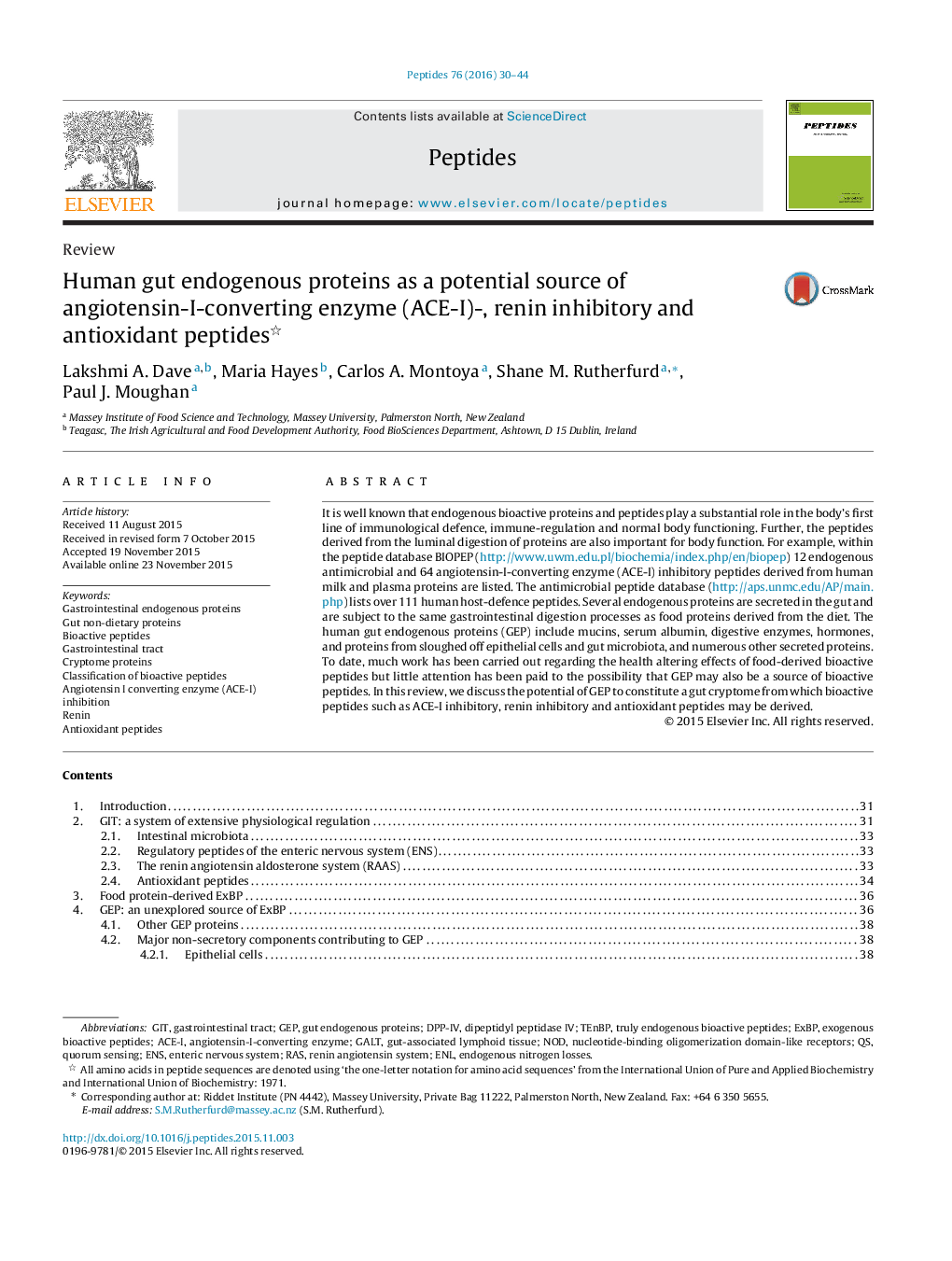 Human gut endogenous proteins as a potential source of angiotensin-I-converting enzyme (ACE-I)-, renin inhibitory and antioxidant peptides 