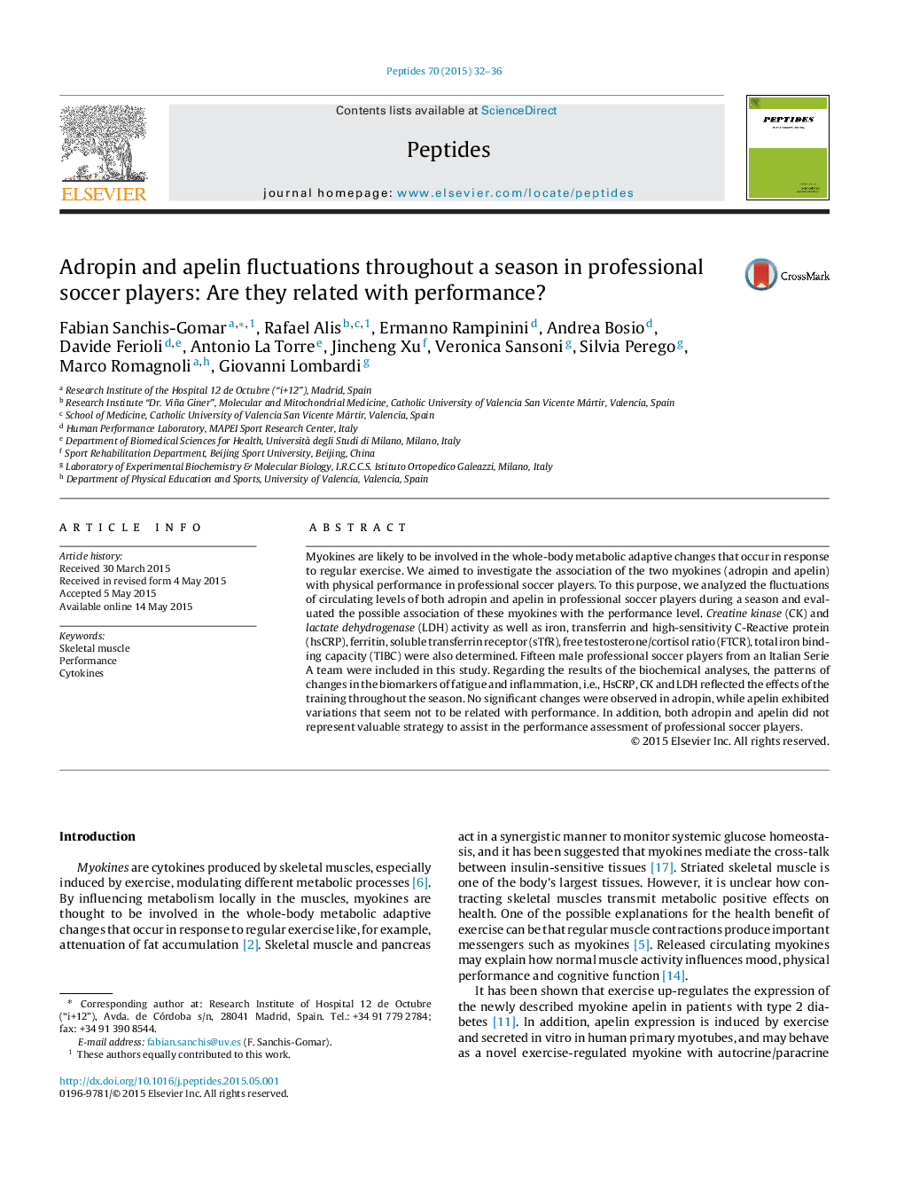 Adropin and apelin fluctuations throughout a season in professional soccer players: Are they related with performance?