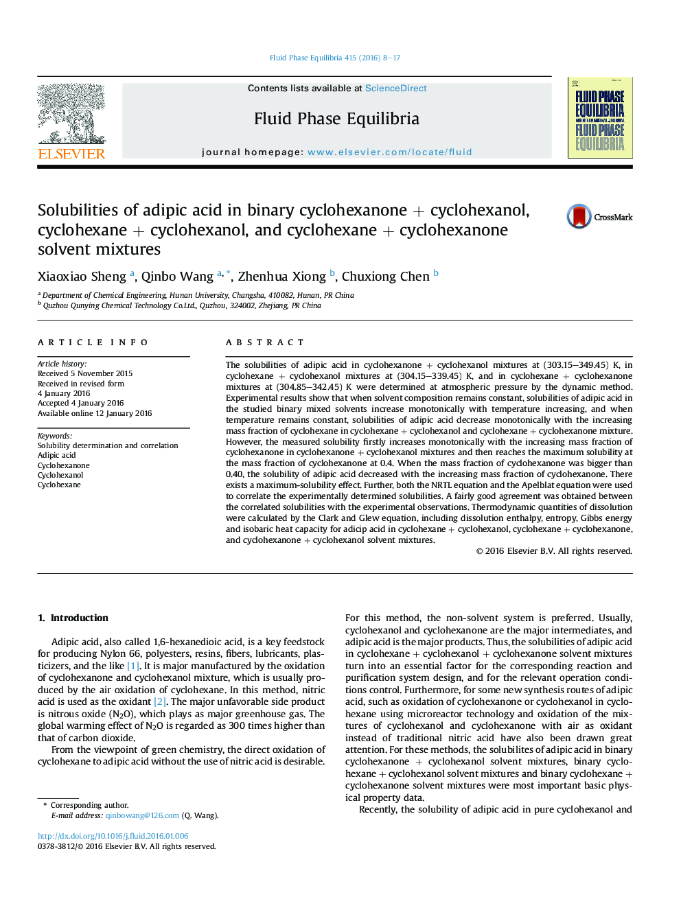 Solubilities of adipic acid in binary cyclohexanone + cyclohexanol, cyclohexane + cyclohexanol, and cyclohexane + cyclohexanone solvent mixtures