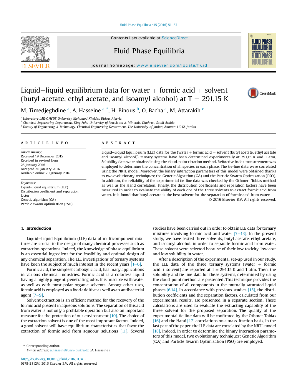 Liquid–liquid equilibrium data for water + formic acid + solvent (butyl acetate, ethyl acetate, and isoamyl alcohol) at T = 291.15 K