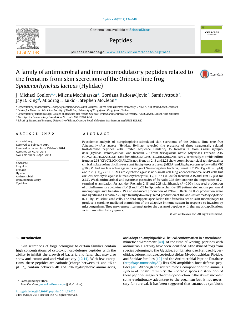 A family of antimicrobial and immunomodulatory peptides related to the frenatins from skin secretions of the Orinoco lime frog Sphaenorhynchus lacteus (Hylidae)