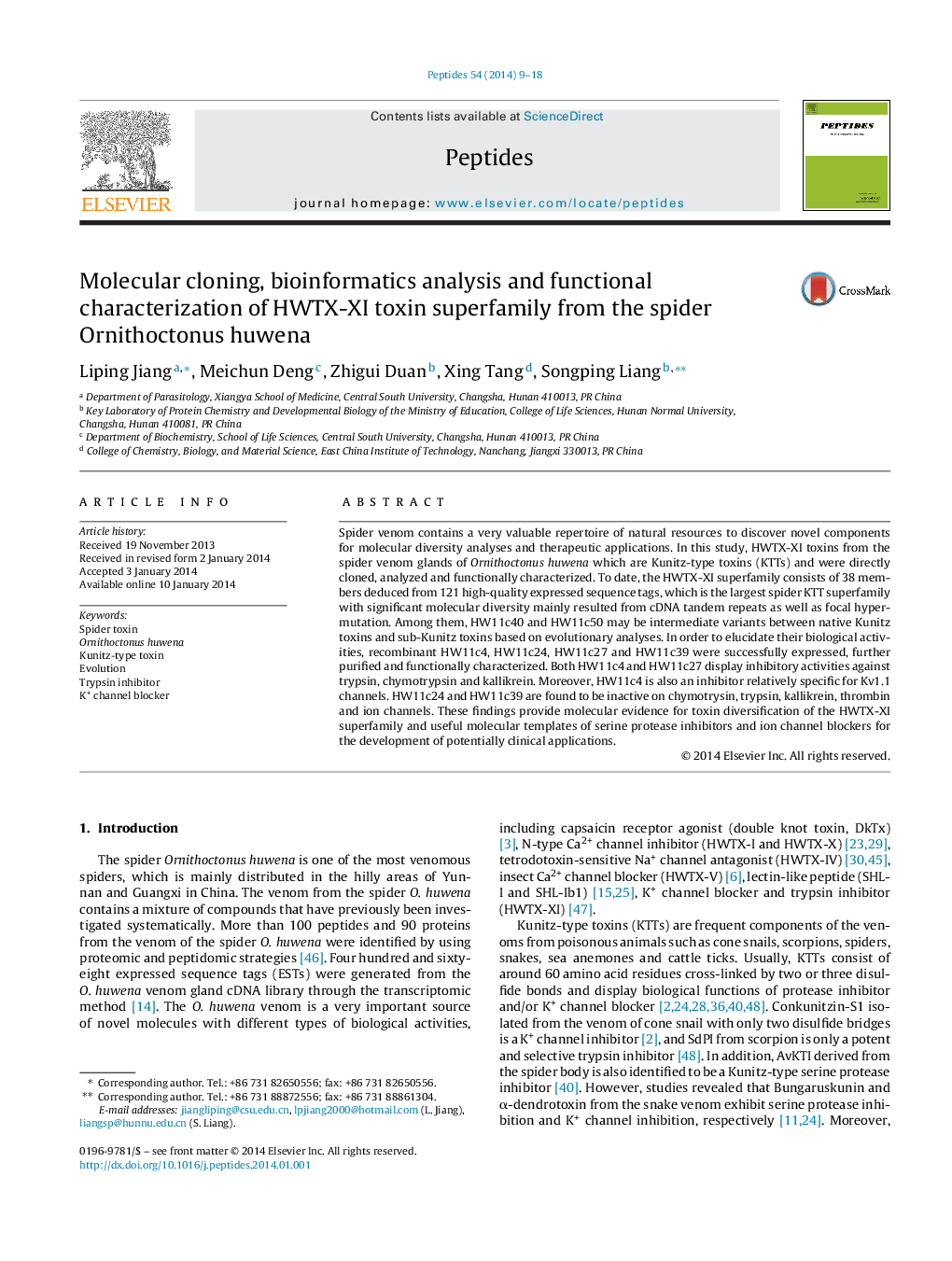 Molecular cloning, bioinformatics analysis and functional characterization of HWTX-XI toxin superfamily from the spider Ornithoctonus huwena