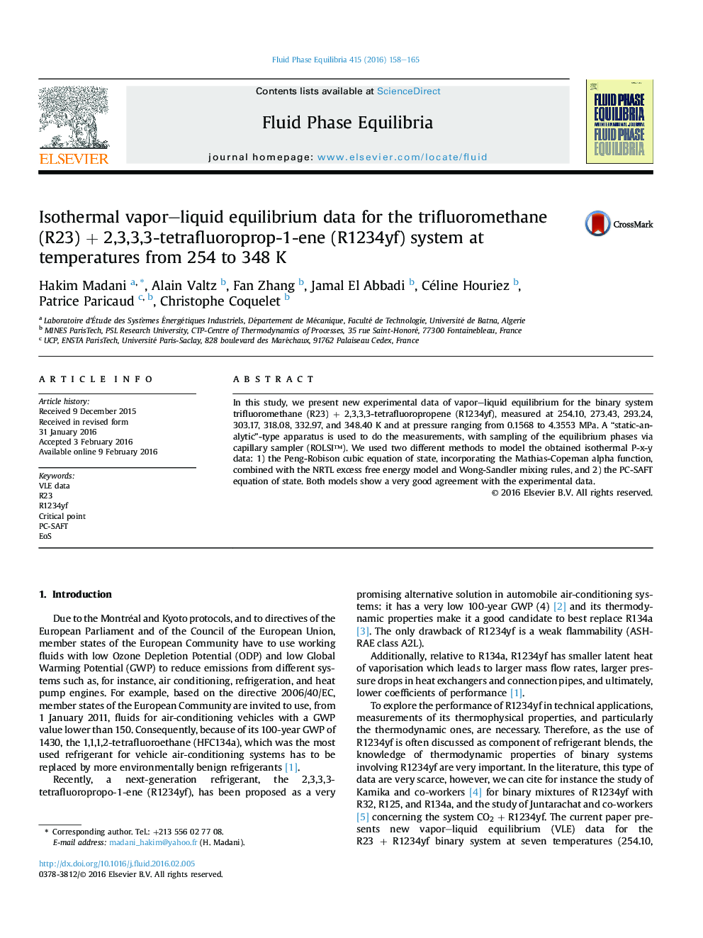Isothermal vapor–liquid equilibrium data for the trifluoromethane (R23) + 2,3,3,3-tetrafluoroprop-1-ene (R1234yf) system at temperatures from 254 to 348 K