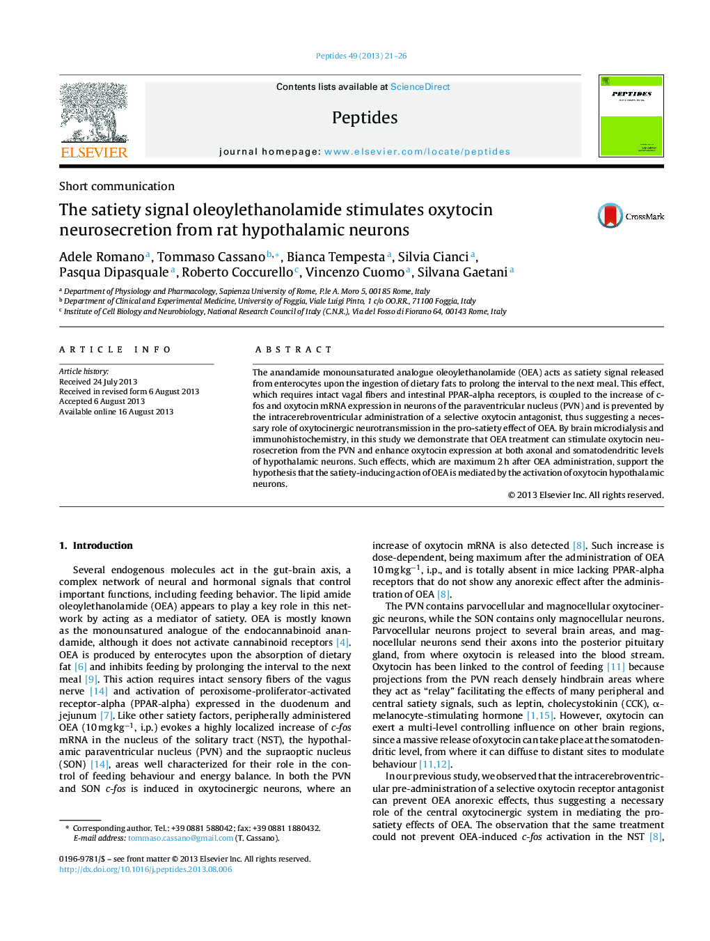 The satiety signal oleoylethanolamide stimulates oxytocin neurosecretion from rat hypothalamic neurons