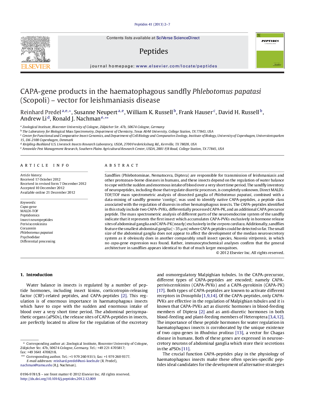 CAPA-gene products in the haematophagous sandfly Phlebotomus papatasi (Scopoli) – vector for leishmaniasis disease