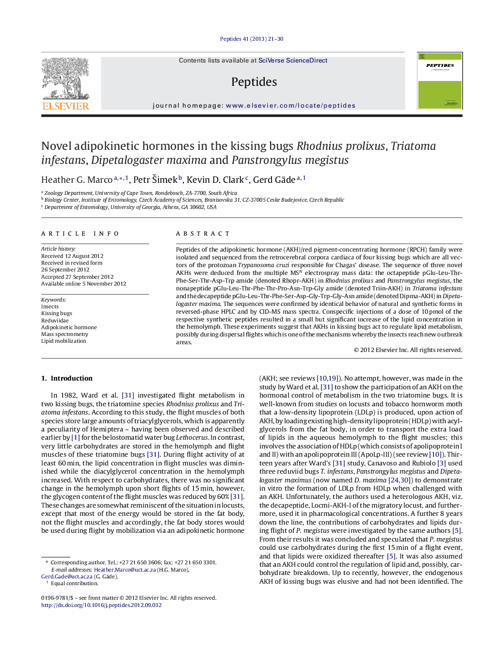 Novel adipokinetic hormones in the kissing bugs Rhodnius prolixus, Triatoma infestans, Dipetalogaster maxima and Panstrongylus megistus