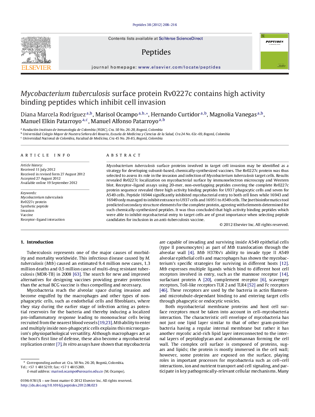 Mycobacterium tuberculosis surface protein Rv0227c contains high activity binding peptides which inhibit cell invasion