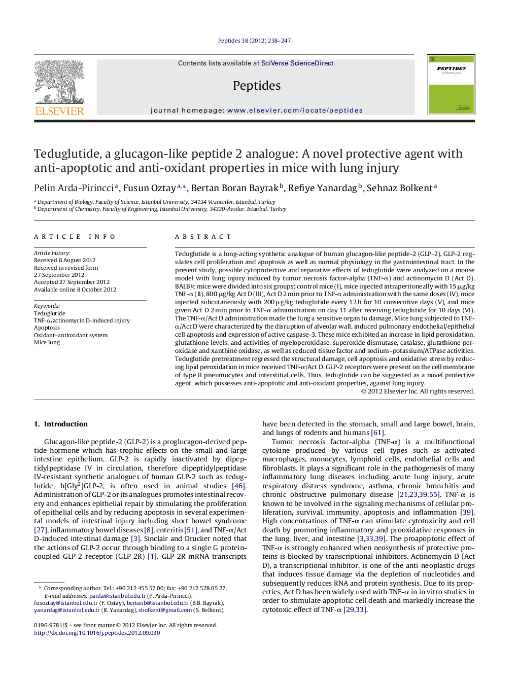 Teduglutide, a glucagon-like peptide 2 analogue: A novel protective agent with anti-apoptotic and anti-oxidant properties in mice with lung injury