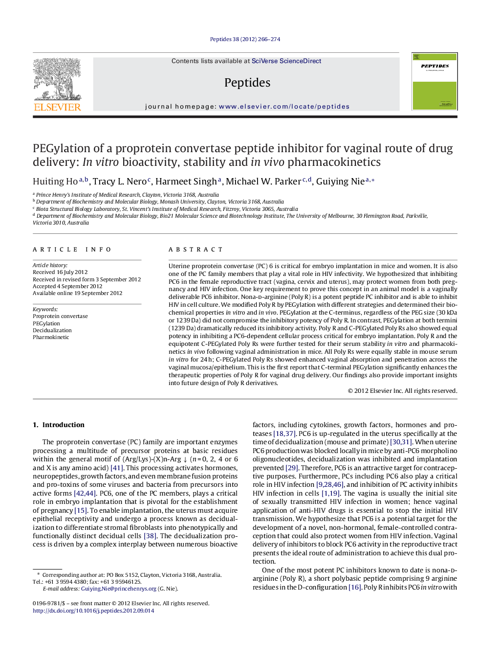 PEGylation of a proprotein convertase peptide inhibitor for vaginal route of drug delivery: In vitro bioactivity, stability and in vivo pharmacokinetics