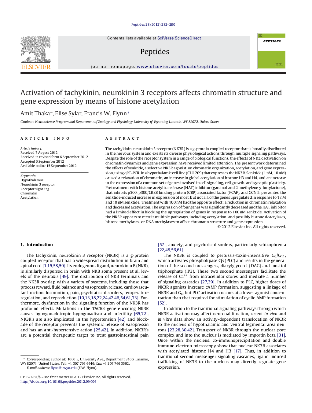 Activation of tachykinin, neurokinin 3 receptors affects chromatin structure and gene expression by means of histone acetylation