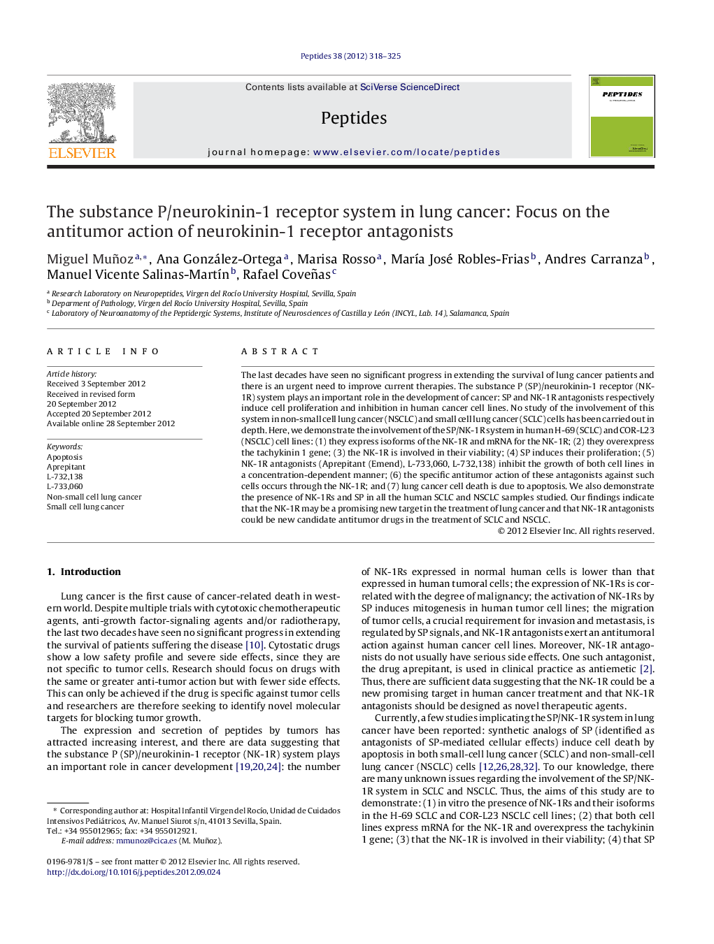 The substance P/neurokinin-1 receptor system in lung cancer: Focus on the antitumor action of neurokinin-1 receptor antagonists