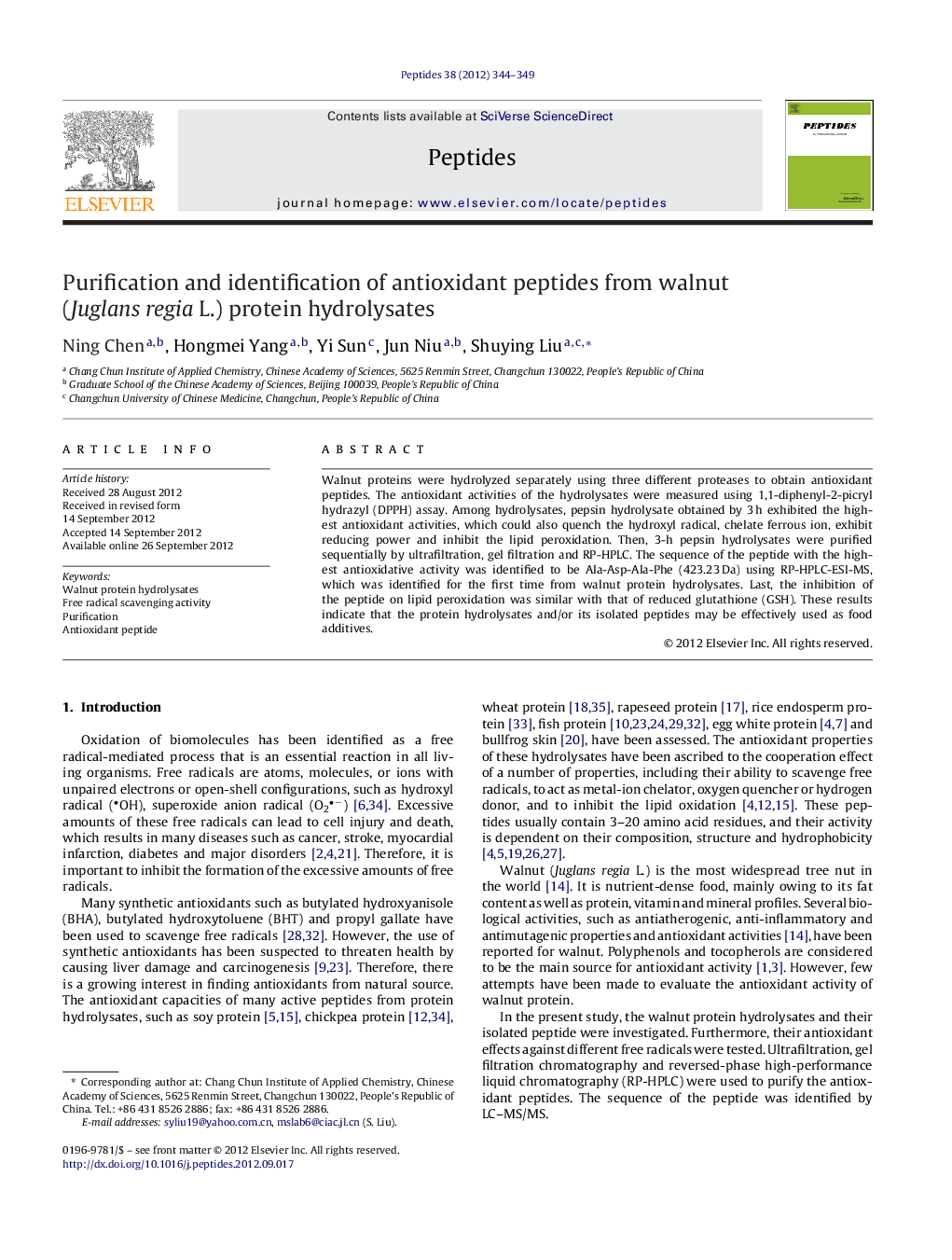 Purification and identification of antioxidant peptides from walnut (Juglans regia L.) protein hydrolysates