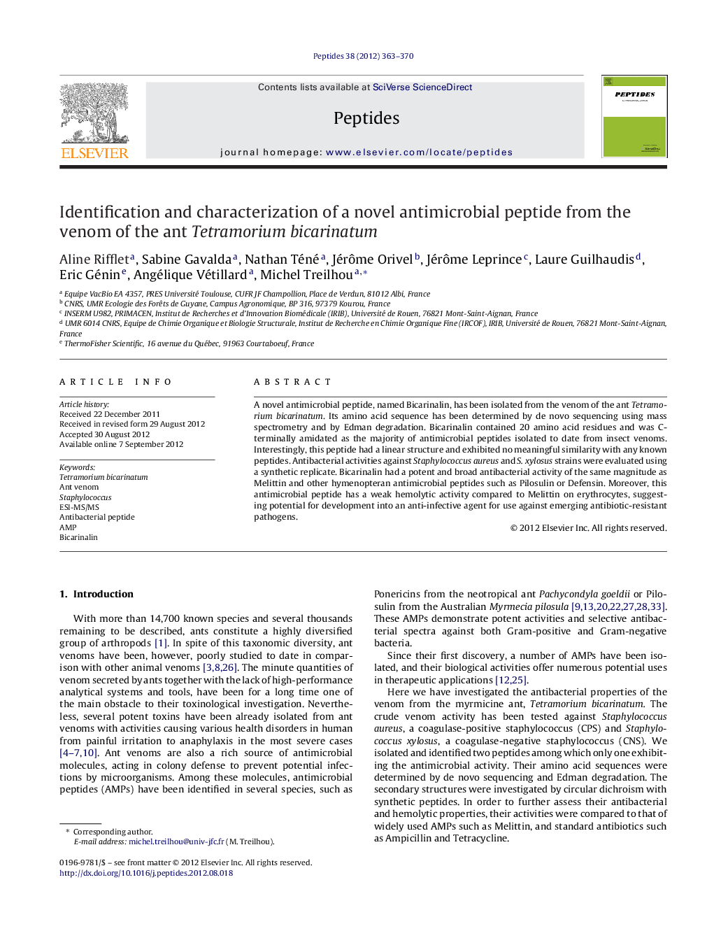 Identification and characterization of a novel antimicrobial peptide from the venom of the ant Tetramorium bicarinatum