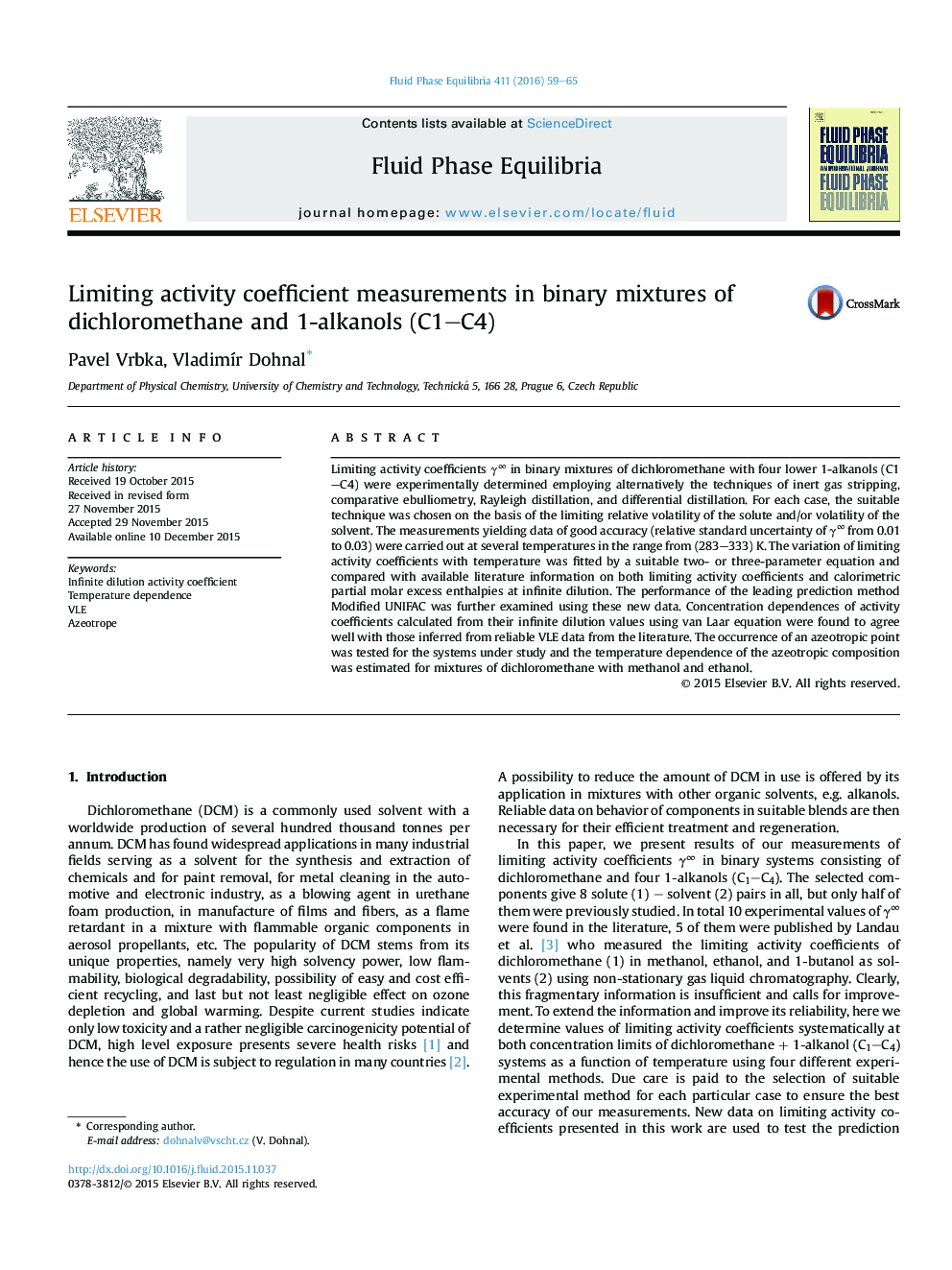 Limiting activity coefficient measurements in binary mixtures of dichloromethane and 1-alkanols (C1–C4)