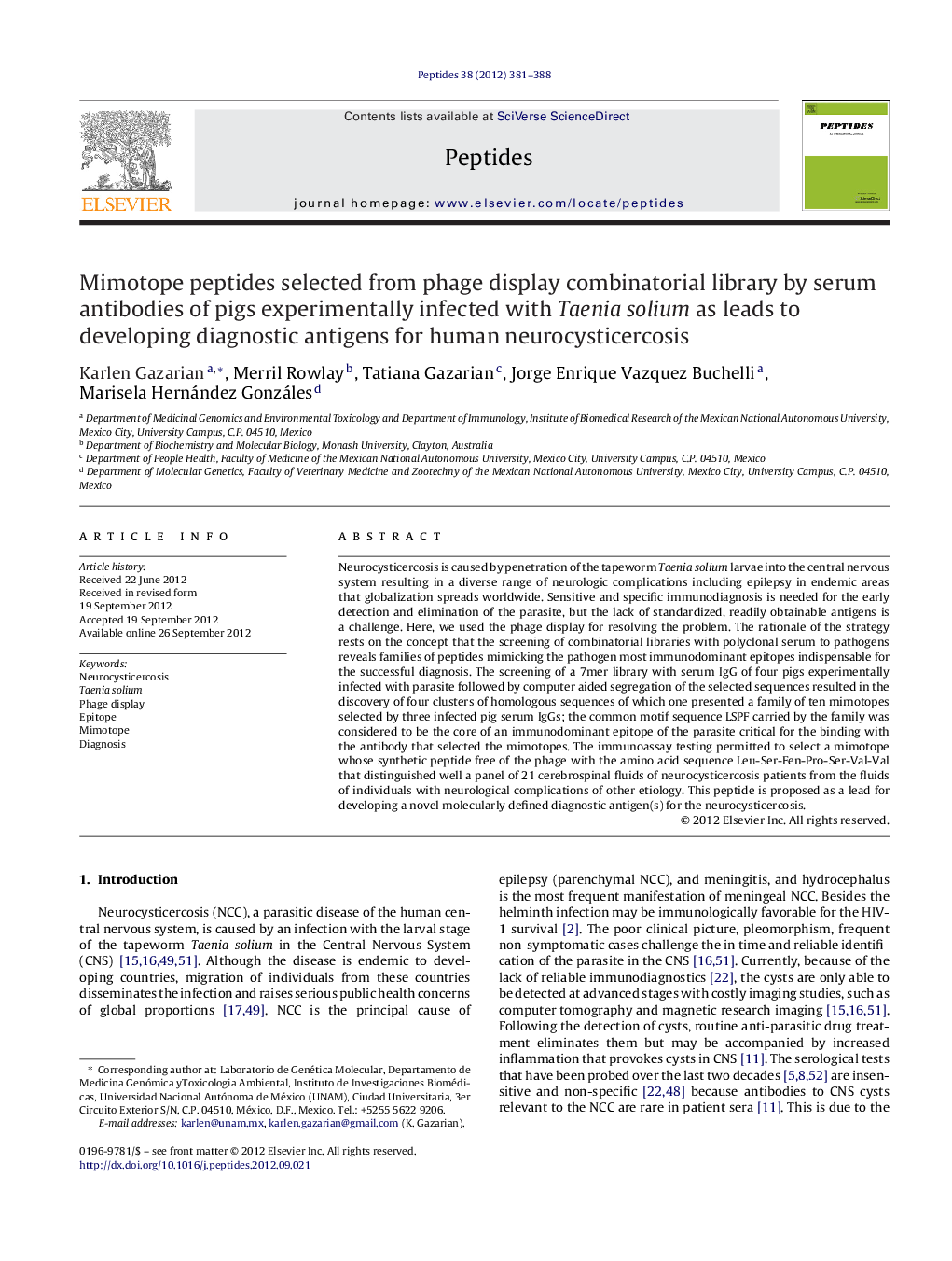 Mimotope peptides selected from phage display combinatorial library by serum antibodies of pigs experimentally infected with Taenia solium as leads to developing diagnostic antigens for human neurocysticercosis