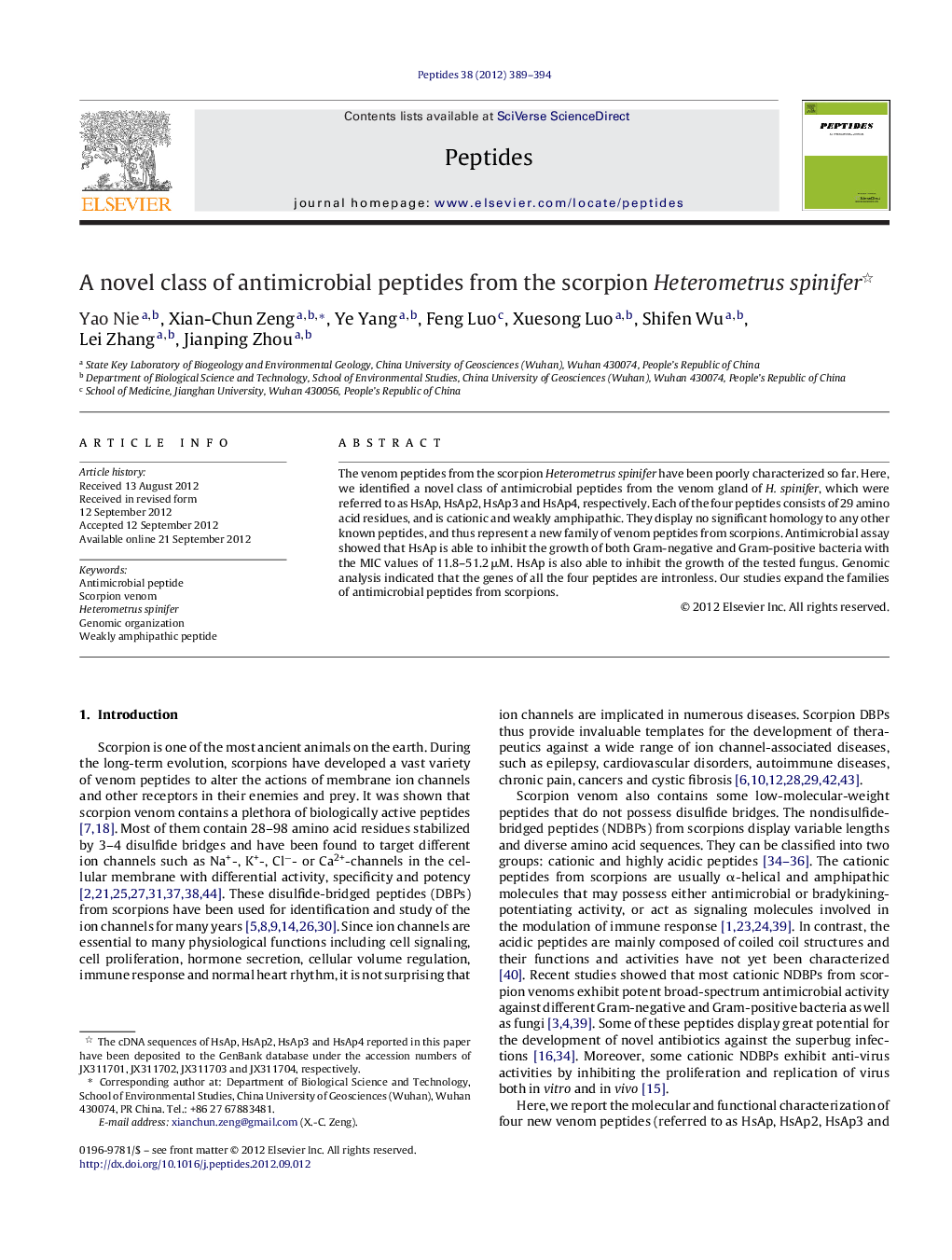 A novel class of antimicrobial peptides from the scorpion Heterometrus spinifer 