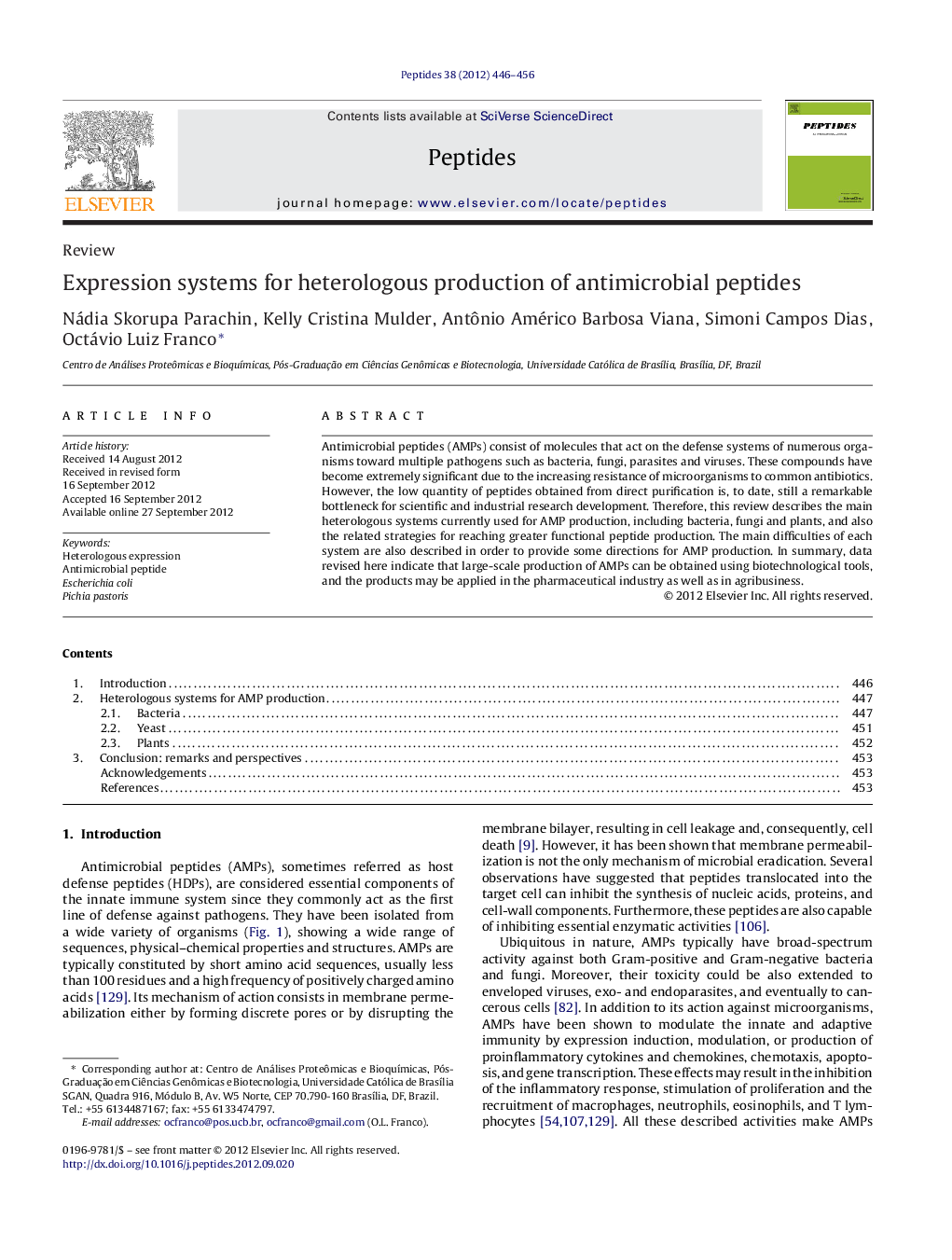 عکس صفحه اول مقاله: Expression systems for heterologous production of antimicrobial peptides Expression systems for heterologous production of antimicrobial peptides