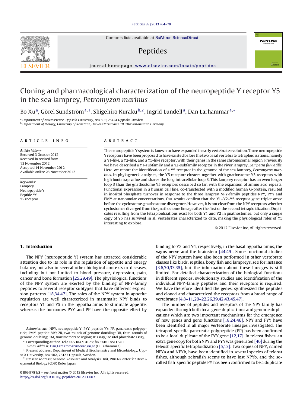 Cloning and pharmacological characterization of the neuropeptide Y receptor Y5 in the sea lamprey, Petromyzon marinus