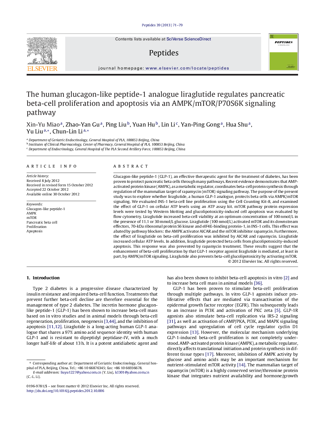 The human glucagon-like peptide-1 analogue liraglutide regulates pancreatic beta-cell proliferation and apoptosis via an AMPK/mTOR/P70S6K signaling pathway