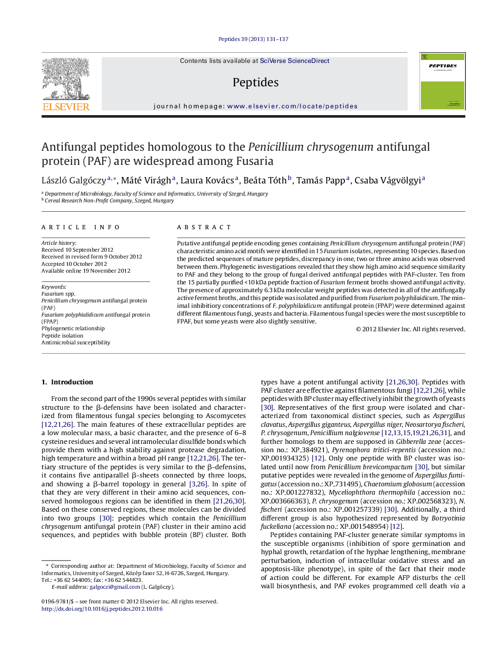 Antifungal peptides homologous to the Penicillium chrysogenum antifungal protein (PAF) are widespread among Fusaria