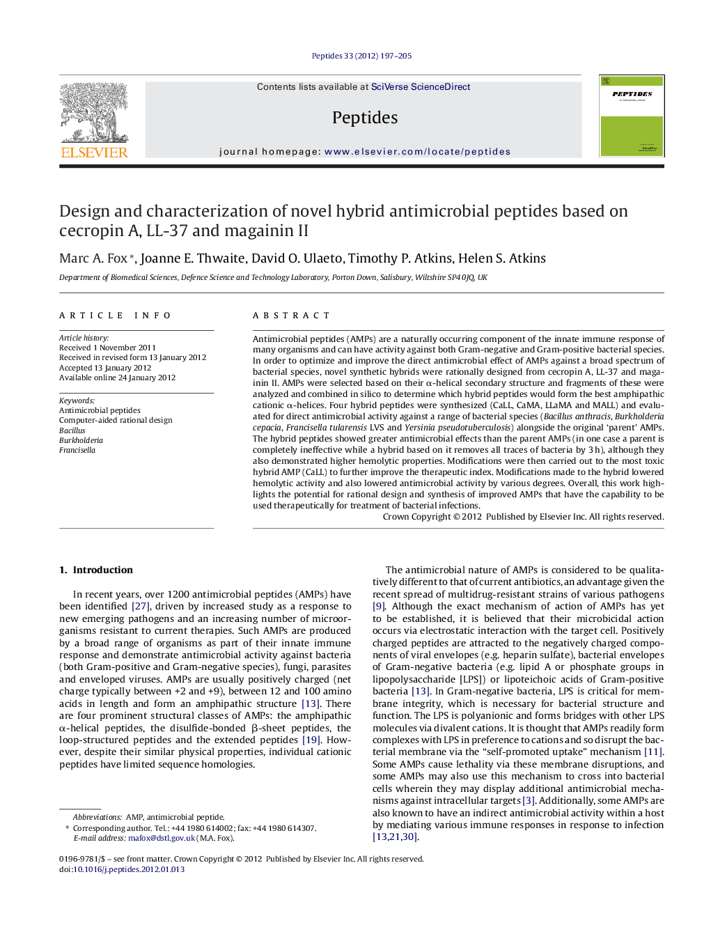 Design and characterization of novel hybrid antimicrobial peptides based on cecropin A, LL-37 and magainin II