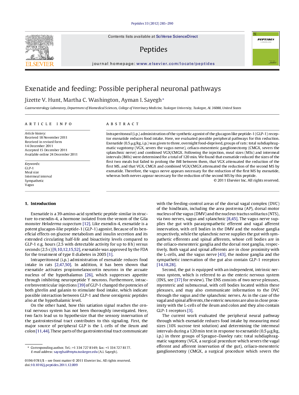 Exenatide and feeding: Possible peripheral neuronal pathways