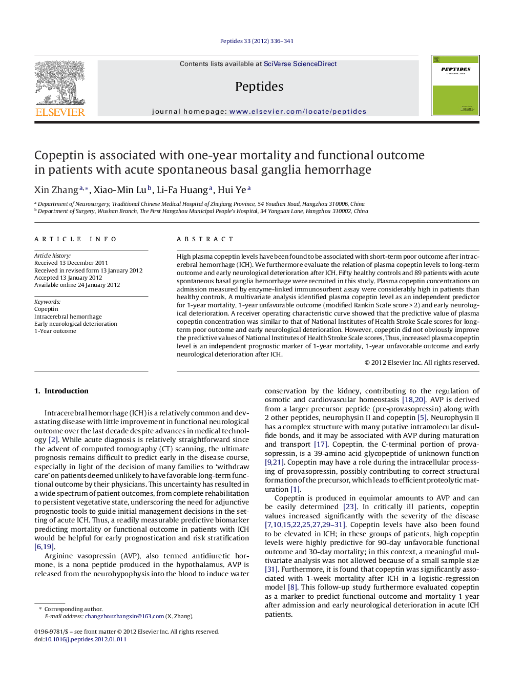 Copeptin is associated with one-year mortality and functional outcome in patients with acute spontaneous basal ganglia hemorrhage