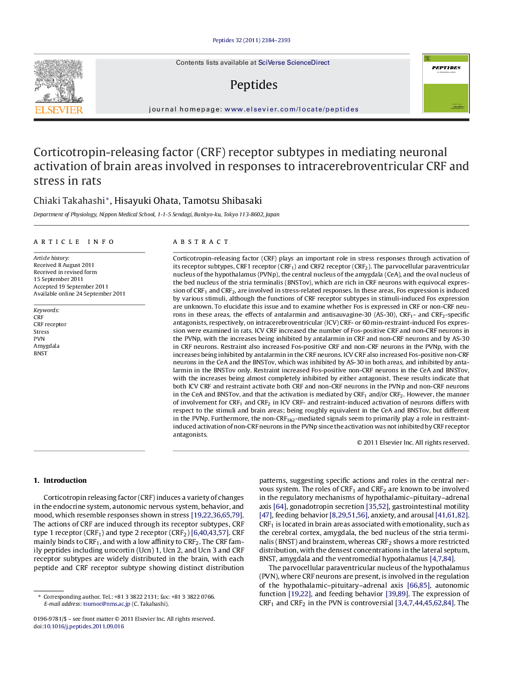 Corticotropin-releasing factor (CRF) receptor subtypes in mediating neuronal activation of brain areas involved in responses to intracerebroventricular CRF and stress in rats