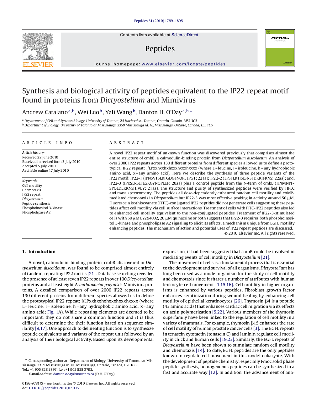 Synthesis and biological activity of peptides equivalent to the IP22 repeat motif found in proteins from Dictyostelium and Mimivirus