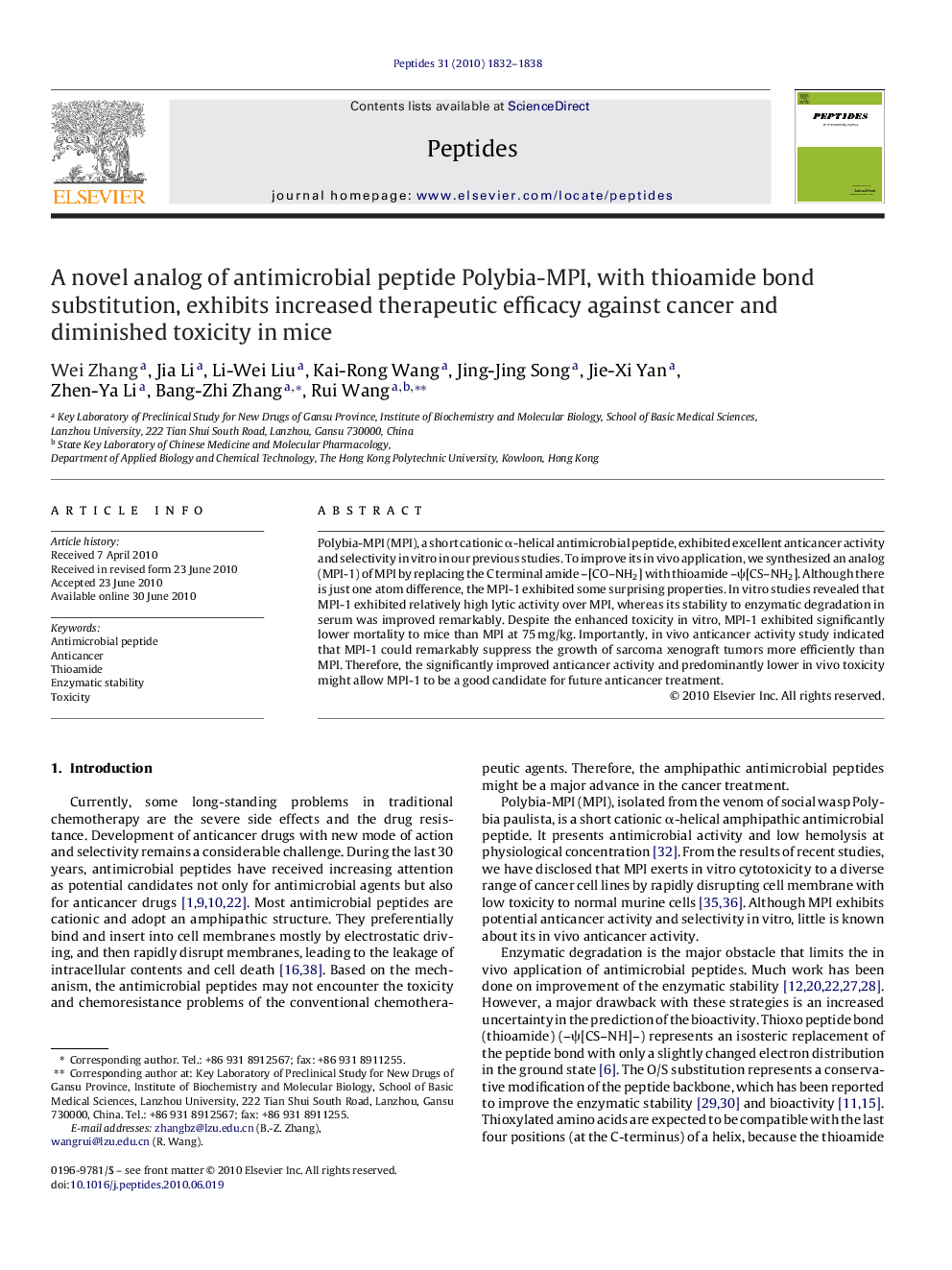 A novel analog of antimicrobial peptide Polybia-MPI, with thioamide bond substitution, exhibits increased therapeutic efficacy against cancer and diminished toxicity in mice