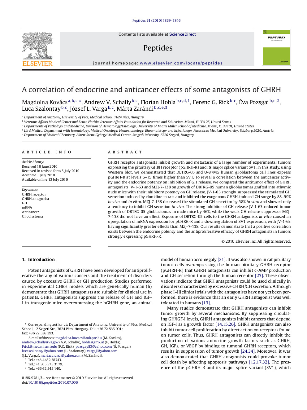 A correlation of endocrine and anticancer effects of some antagonists of GHRH