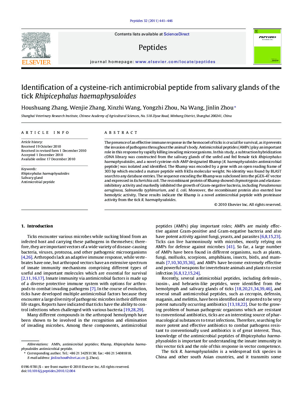 Identification of a cysteine-rich antimicrobial peptide from salivary glands of the tick Rhipicephalus haemaphysaloides