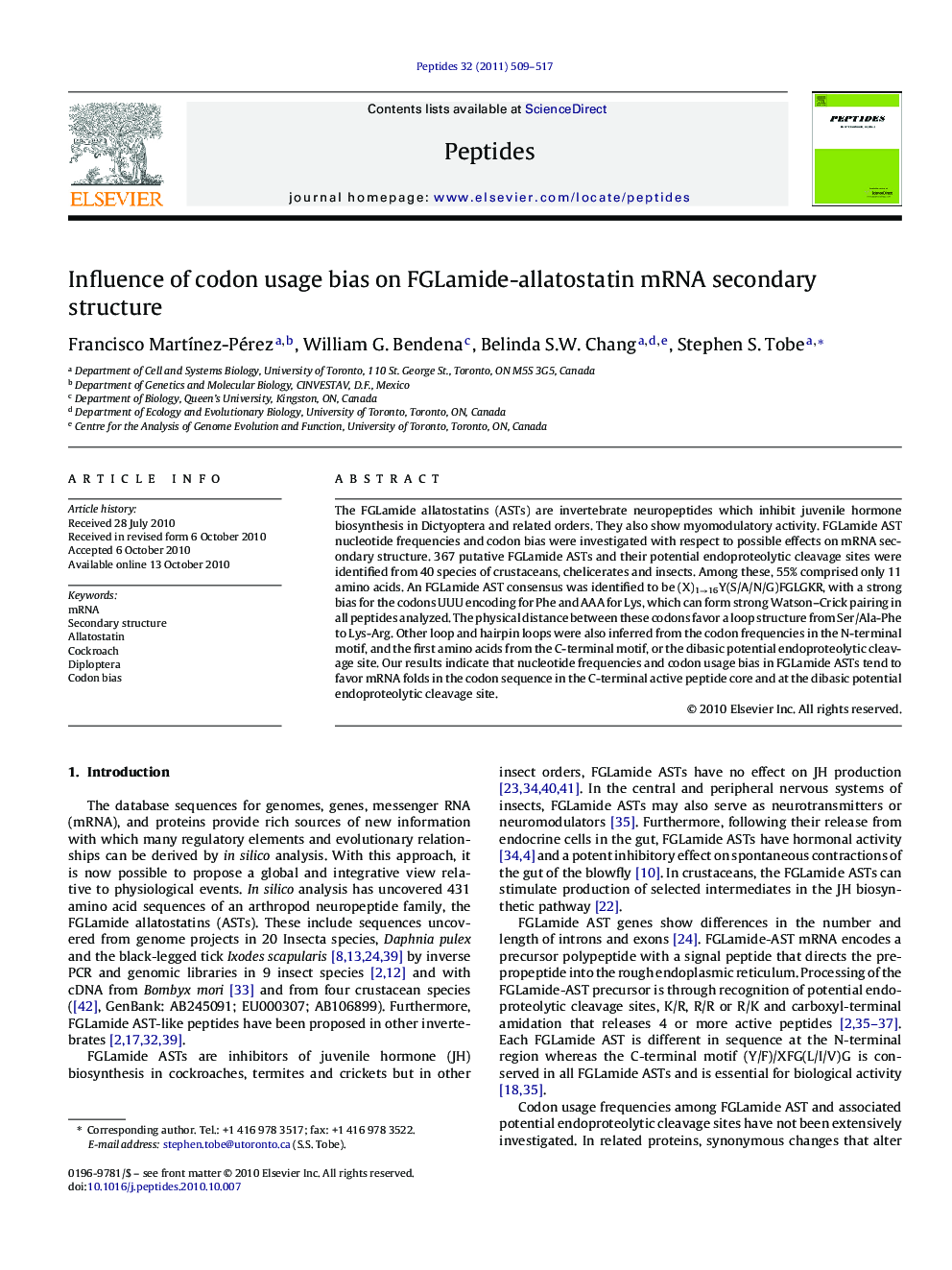 Influence of codon usage bias on FGLamide-allatostatin mRNA secondary structure